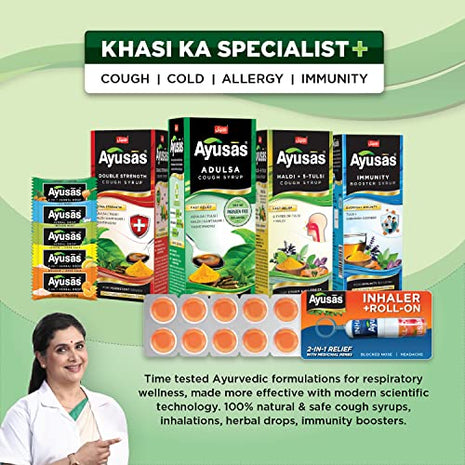 AYUSAS Sapat Adulsa Cough Syrup, Effective Triple-action formula trusted by generations, Paraben Free, 100% Natural, for Wet and Dry Cough, (Pack of 2) (100 ml)