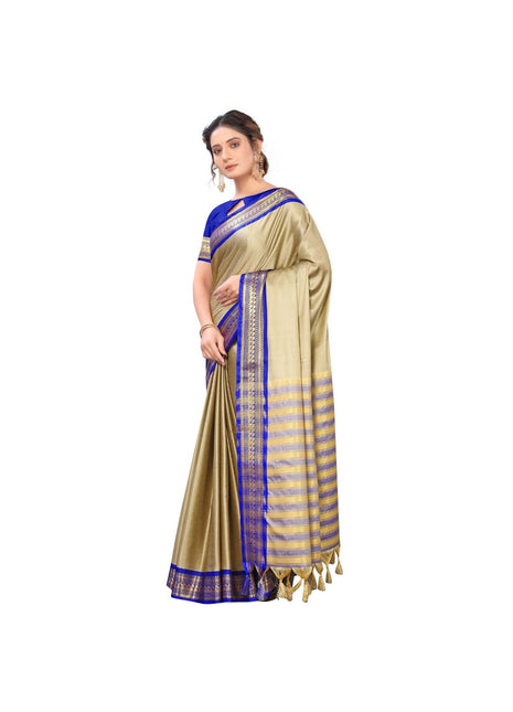 Generic Women's Cotton Silk  Saree With Blouse (Blue, 5-6Mtrs)