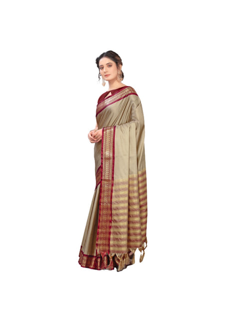 Generic Women's Cotton Silk  Saree With Blouse (Beige, 5-6Mtrs)