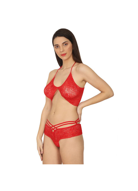 Generic Women's Lace Special Moment Designer Red Lingerie Set (Red)