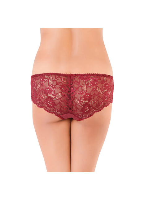 Generic Women's Nylon Mid Waist Frilled Floral Sheer Lace Hipster (Wine Red)