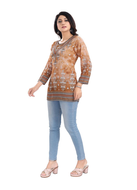 Women's 3/4th Sleeve Faux Crepe Tunic Short Top (Light Brown)
