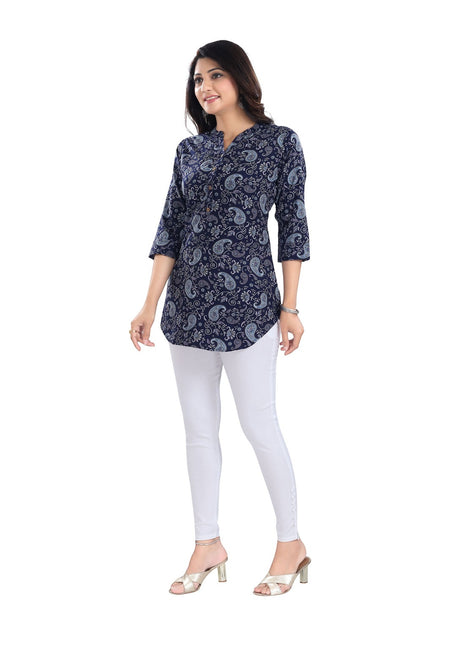 Women's 3/4th Sleeve Polyester Tunic Short Top (Blue)