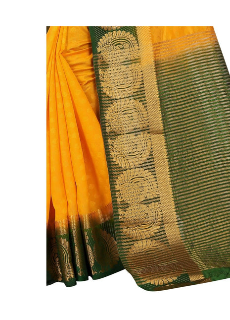 Generic Women's Kanjivaram Silk Saree With Unstitched Blouse Piece (Yellow, 5-6 Mtrs)