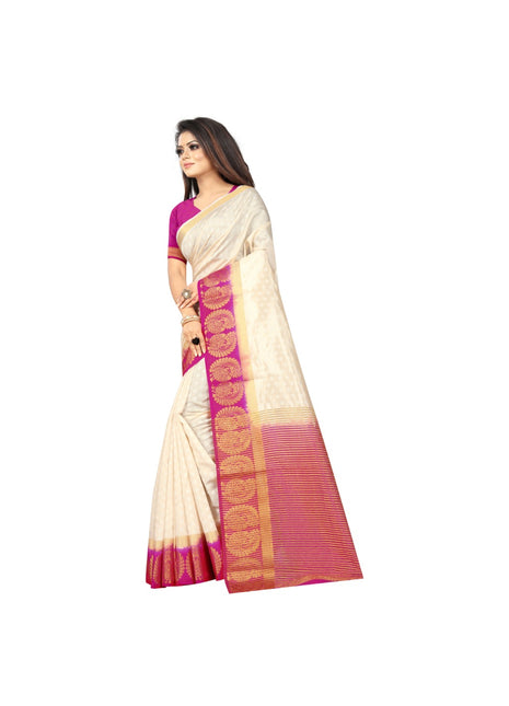 Generic Women's Kanjivaram Silk Saree With Unstitched Blouse Piece (White, 5-6 Mtrs)