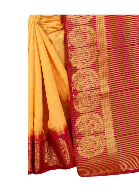 Generic Women's Kanjivaram Silk Saree With Unstitched Blouse Piece (Yellow, 5-6 Mtrs)