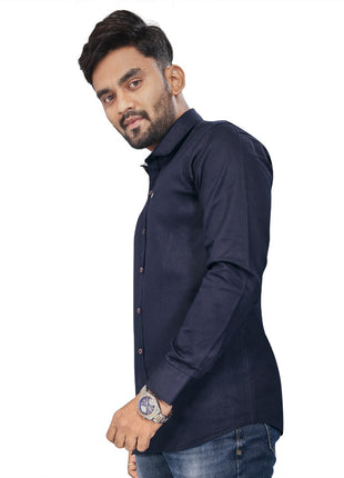 Generic Men's Cotton Blend Full Sleeve Solid Pattern Casual Shirt (Dark Blue)