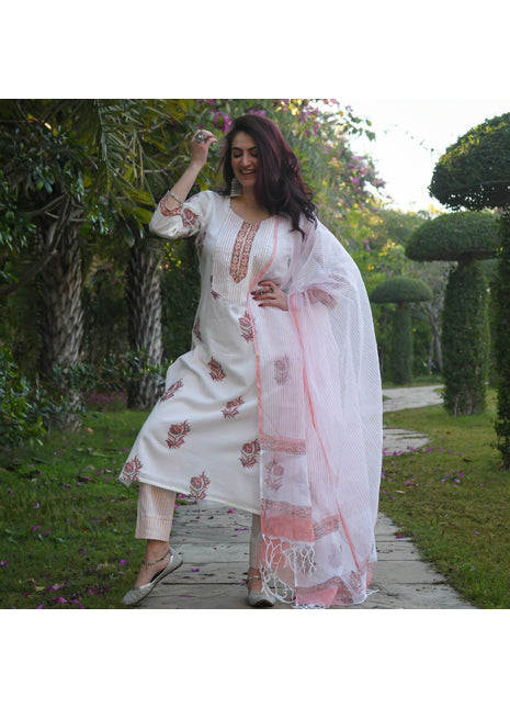 Women's Cotton Blend Printed Work Kurti With Bottom And Dupatta Set (Pink)