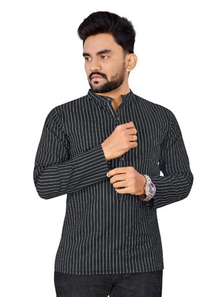Generic Men's Cotton Striped Pattern Full Sleeve Short Kurta (Black)