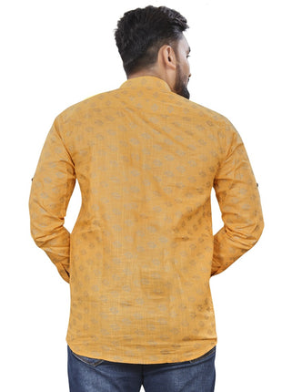 Generic Men's Cotton Printed Full Sleeve Short Kurta (Yellow)