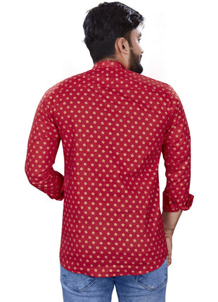 Generic Men's Cotton Printed Full Sleeve Short Kurta (Red)