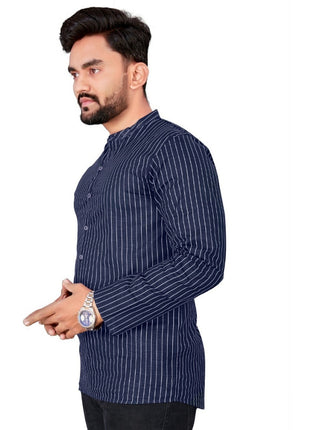 Generic Men's Cotton Striped Pattern Full Sleeve Short Kurta (Dark Blue)