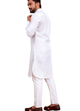 Generic Men's Cotton Blend Solid Full Sleeve Knee Length Kurta (White)