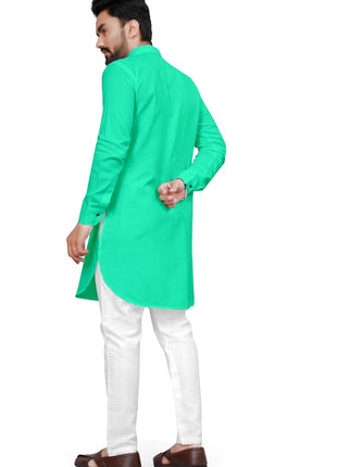 Generic Men's Cotton Blend Straight Solid Kurta (Green)