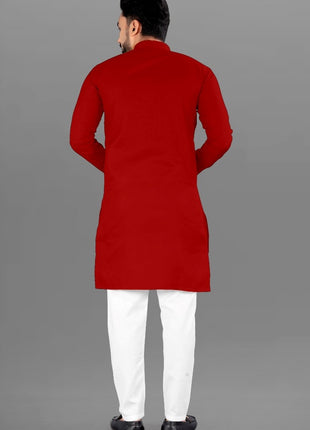 Generic Men's Cotton Blend Straight Solid Kurta (Red)