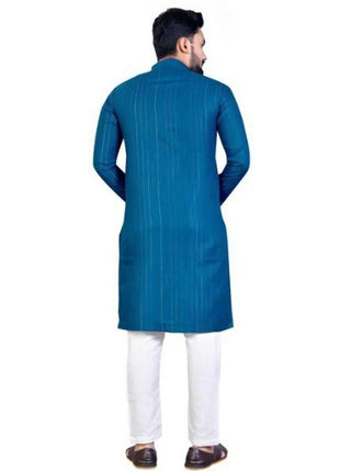 Generic Men's Cotton Blend Straight Striped Kurta (Blue)