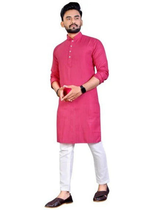 Generic Men's Cotton Blend A-line Solid Kurta (Pink)