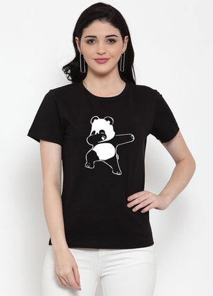Women's Cotton Blend Dancing Panda Printed T-Shirt (Black)