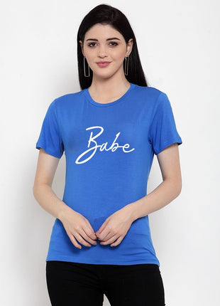 Women's Cotton Blend Babe Printed T-Shirt (Blue)