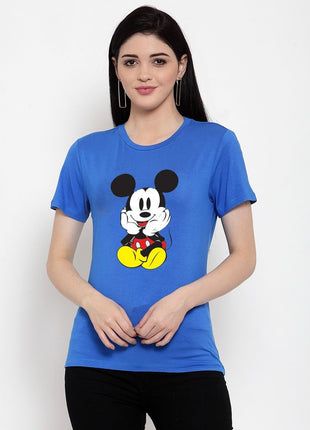 Women's Cotton Blend Mickey Mouse Printed T-Shirt (Blue)