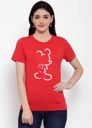 Women's Cotton Blend Mickey Mouse Line Art Printed T-Shirt (Red)