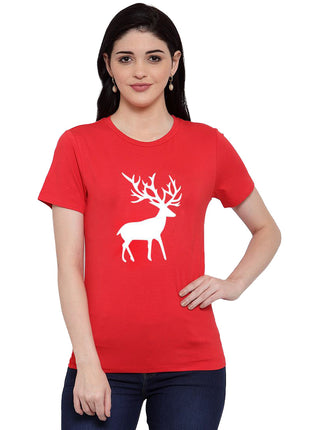 Generic Women's Cotton Blend Deer Printed T-Shirt (Red)