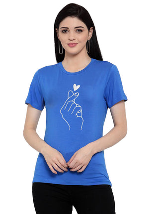 Women's Cotton Blend Hand Heart Line Art Printed T-Shirt (Blue)