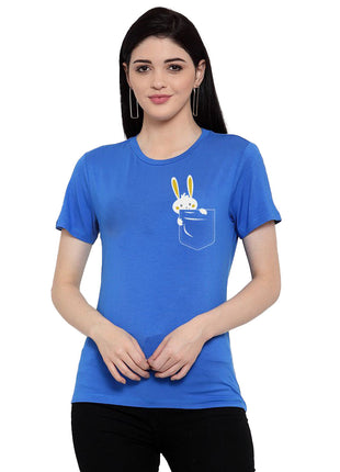 Women's Cotton Blend Rabbit Printed T-Shirt (Blue)