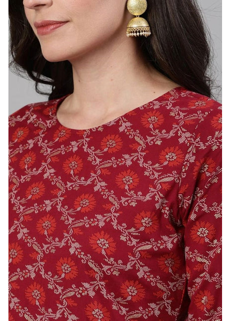 Generic Women's Rayon Printed Kurti With Bottom And Dupatta Set (Red)