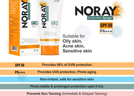 Noray Aquagel Broad Spectrum Sunscreen, SPF-50, PA+++ with Anti Tan Effect - 50g.