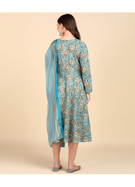 Women's Anarkali Cotton Printed Kurti With Dupatta Set